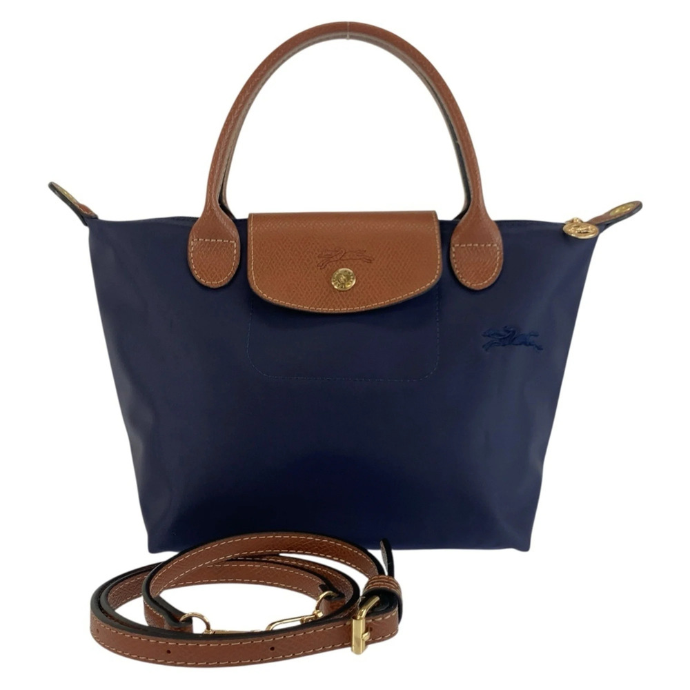 Longchamp Le Pliage navy brown gold hardware nylon leather tote bag shoulder ...